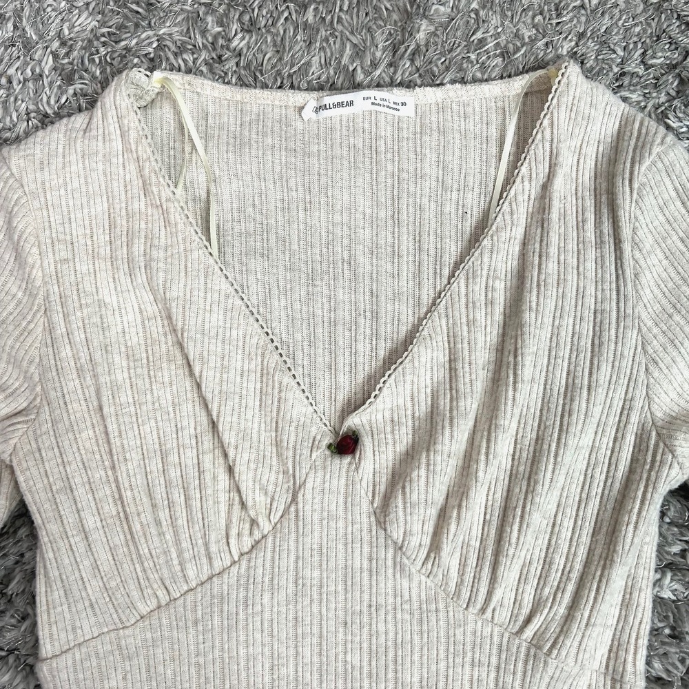 Pull & Bear Ribbed Beige S Top Lettuce Hem Long Sleeve Coquette Balletcore Rose - Picture 3 of 9